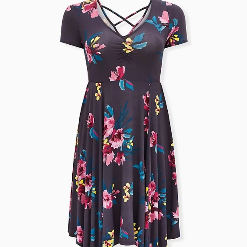 Torrid 3x SUPER SOFT DARK SLATE GREY FLORAL CRISSCROSS BACK HANDKERCHIEF DRESS
